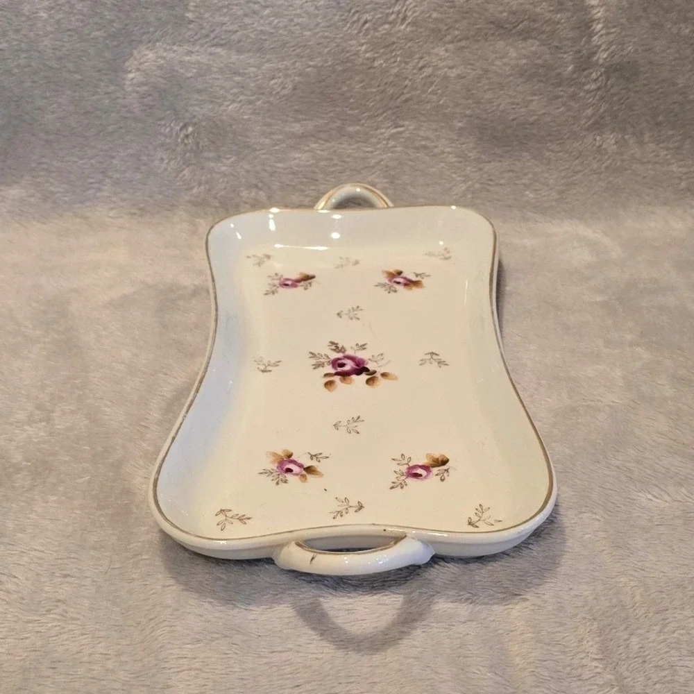 Vintage Porcelain Floral Vanity Tray Gold Trim Scalloped Rectangular Japan 10